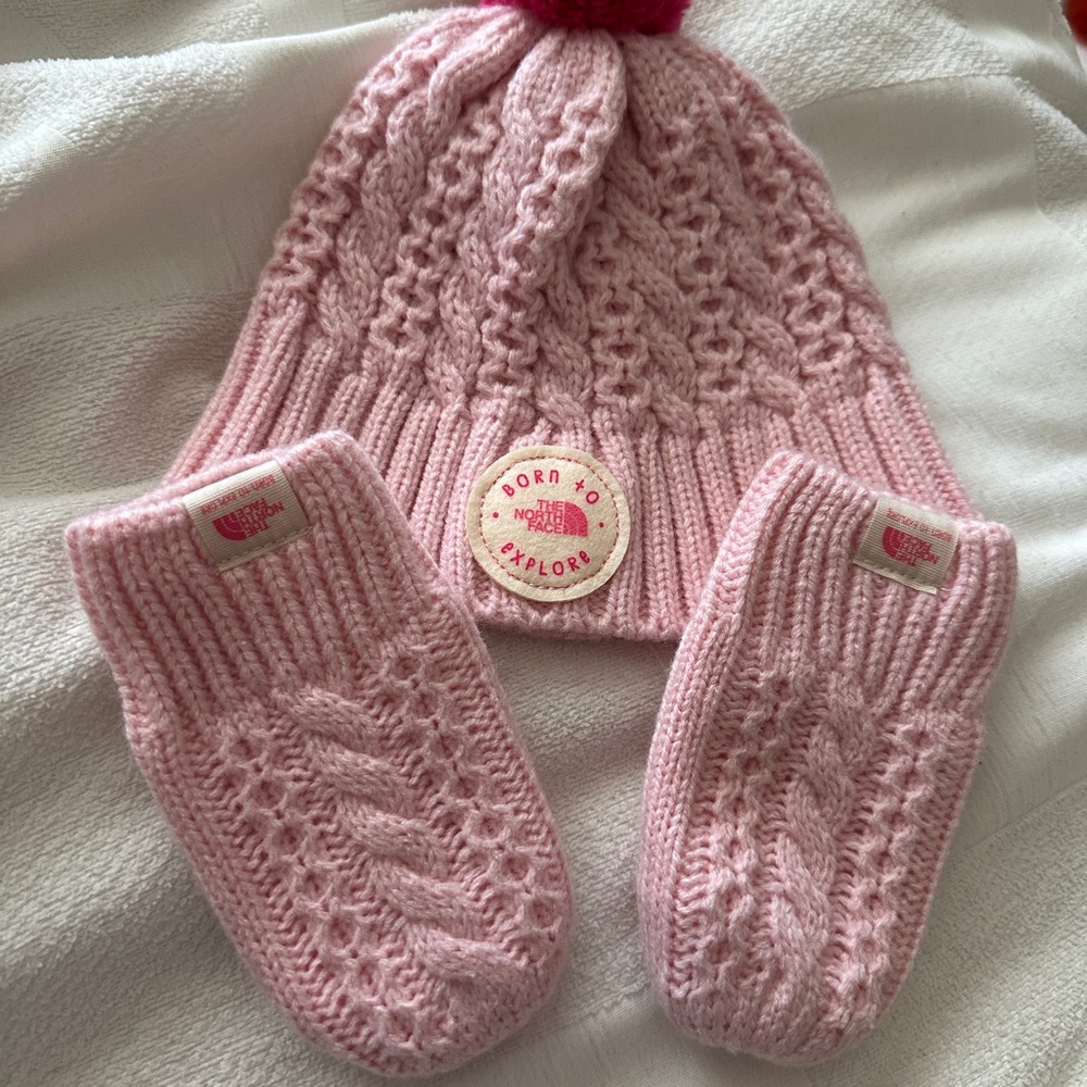 The North Face Kids Pink Cable Knit Hat and Mittens